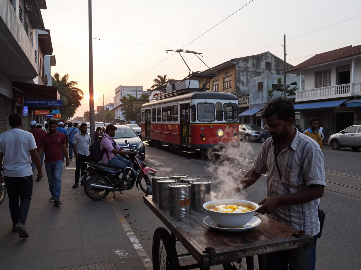 Busy Chennai Street Corner at Nautical Dawn with Funicular and Local Life in in Chennai, India