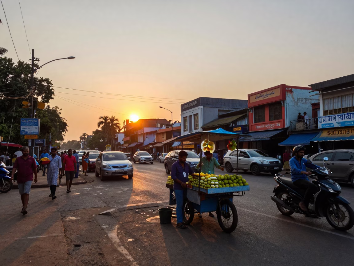 Busy Chennai Street Corner at Sunset with Lemongrass Vendor and Local Life in in Chennai, India