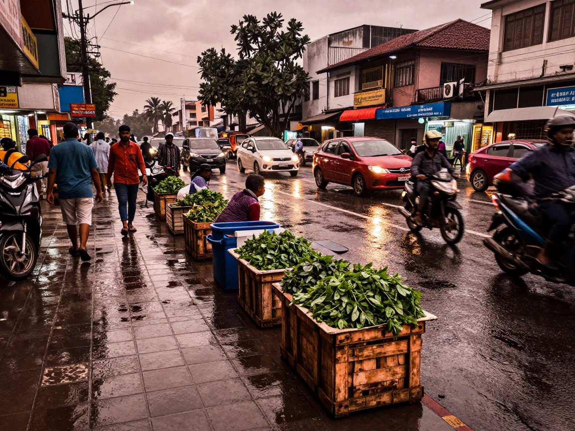 Busy Chennai street corner before dusk with wet flagstones and local commerce in in Chennai, India