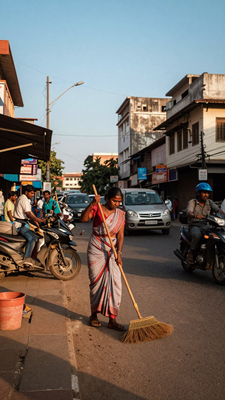 Busy Chennai Street Corner Late Afternoon Scene with Broom and Umbrella Stand in in Chennai, India