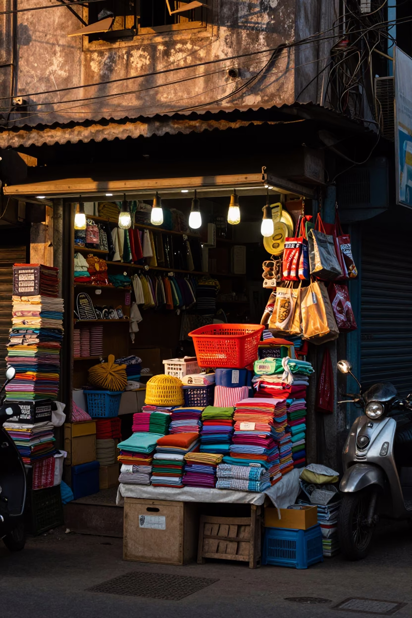 Busy Chennai Street Corner Shop Display Golden Hour Light in in Chennai, India