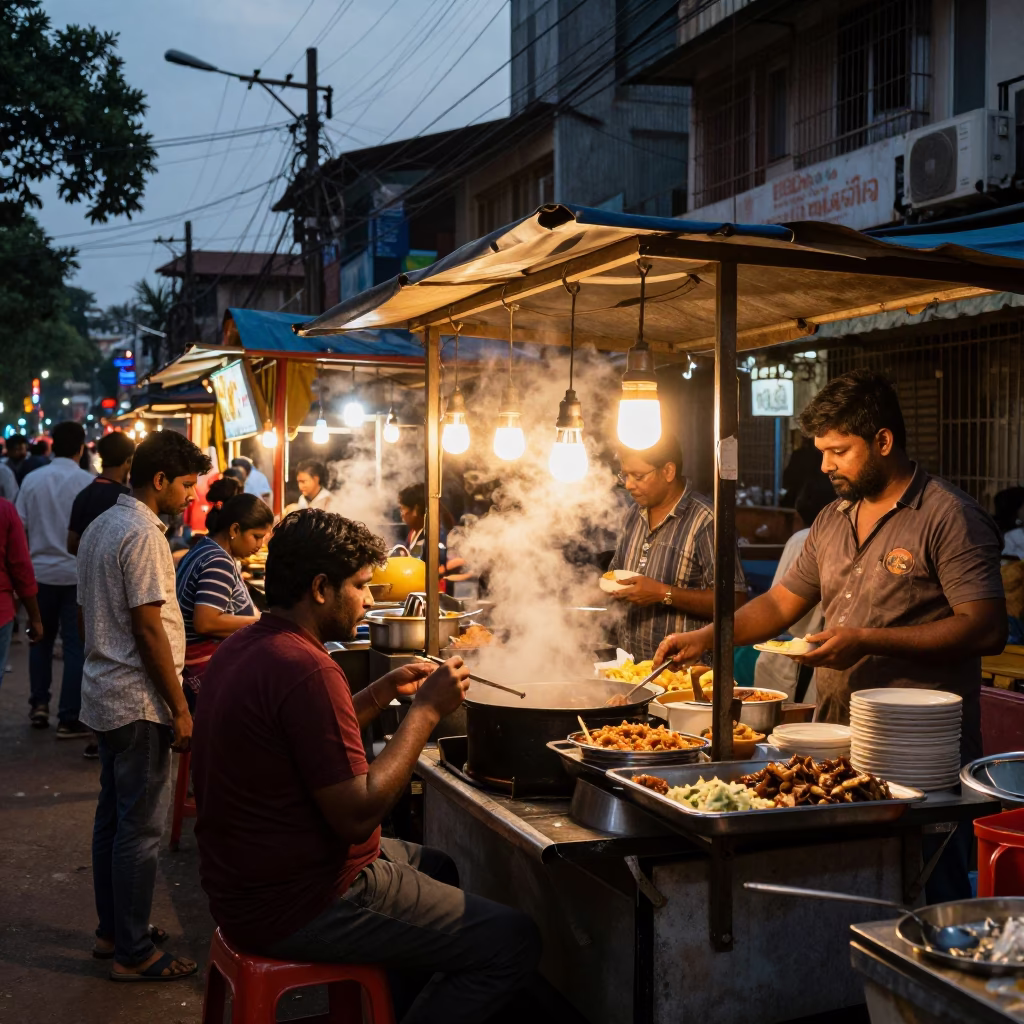 Busy Chennai Street Food Stall in Early Evening with Satay Skewers and Peanut Sauce in in Chennai, India