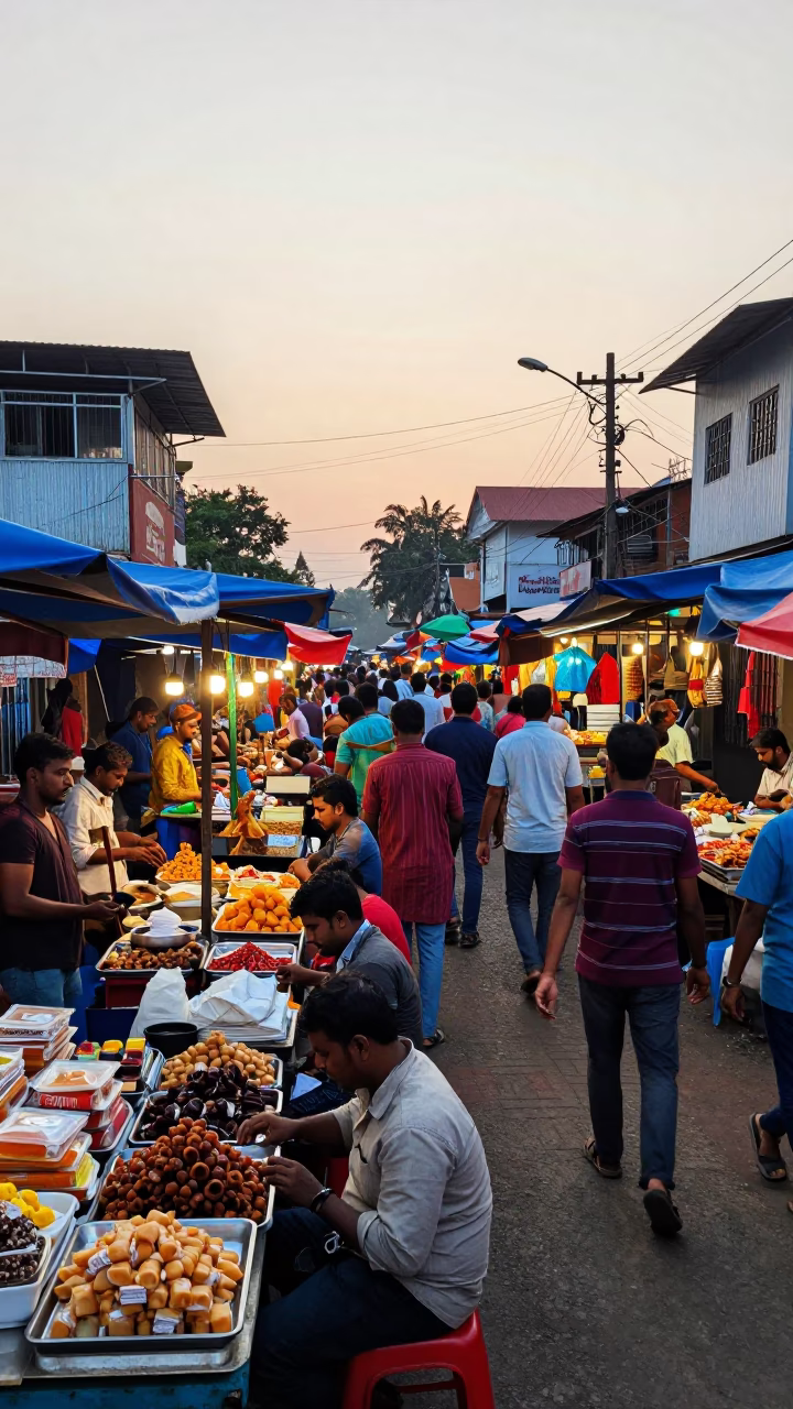Busy Chennai Street Market at Dawn with Sweets and Cutlery in India in in Chennai, India