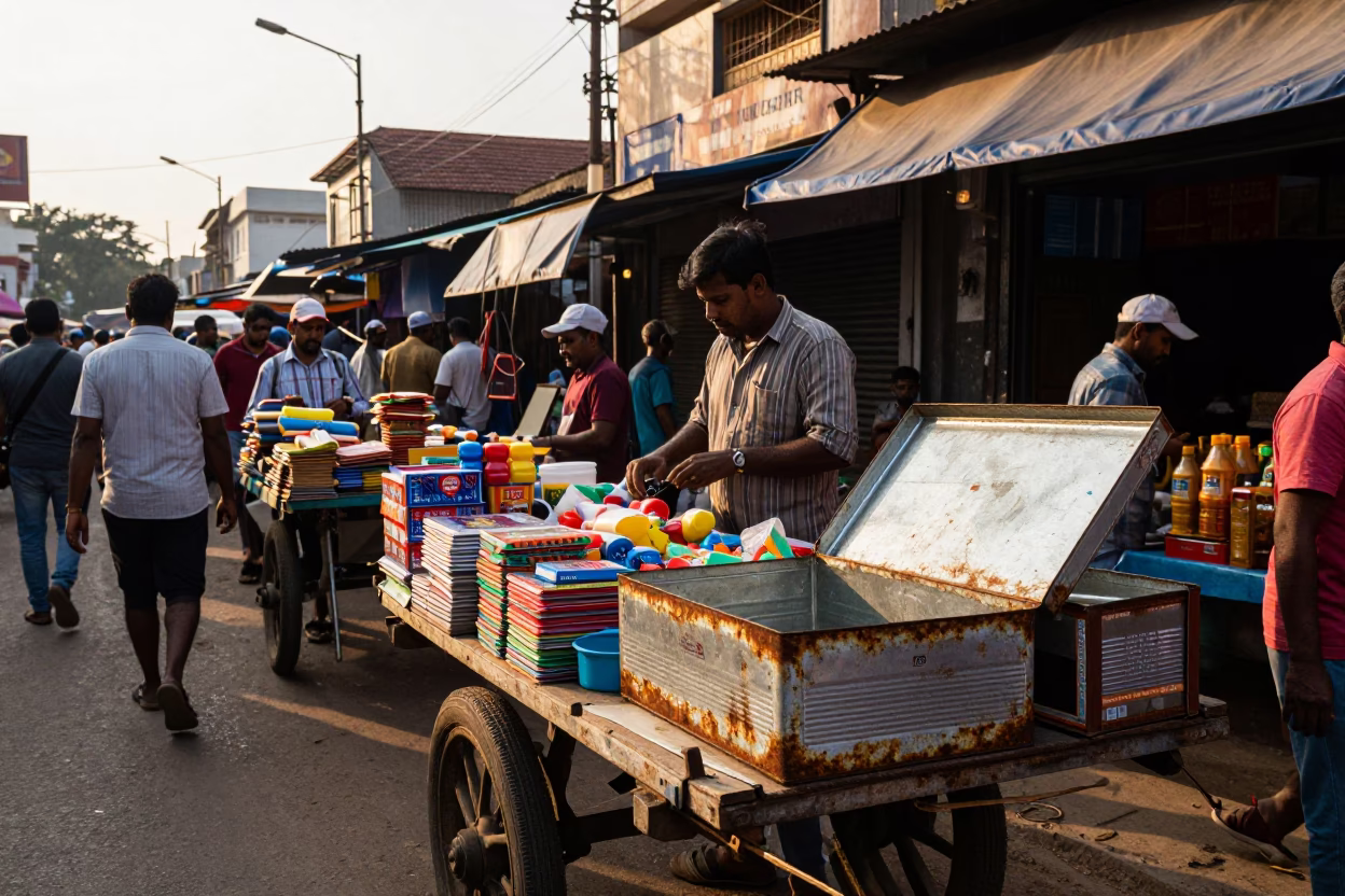 Busy Chennai Street Market Late Afternoon with Tin Box and Postcards in in Chennai, India