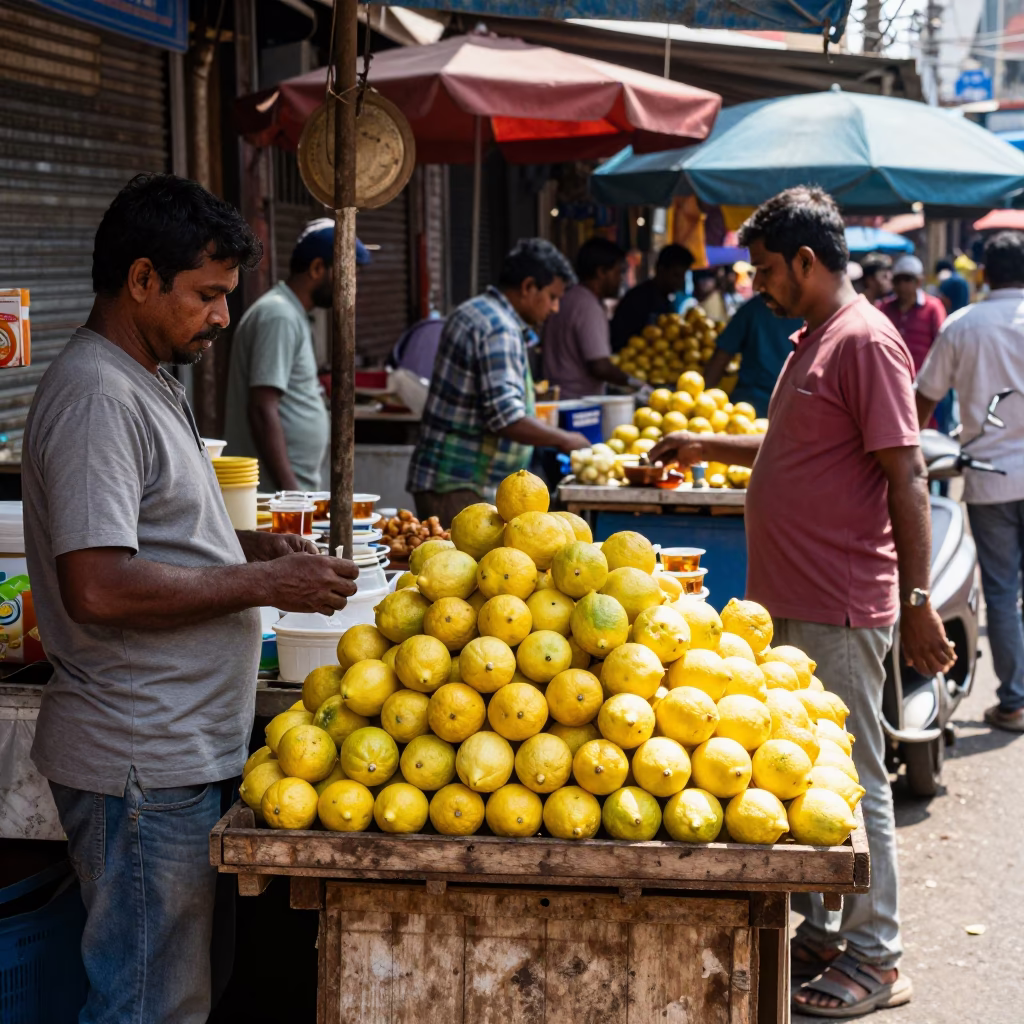 Busy Chennai Street Market Stall with Lemons and Tea Cup in Bright Midmorning Light in in Chennai, India