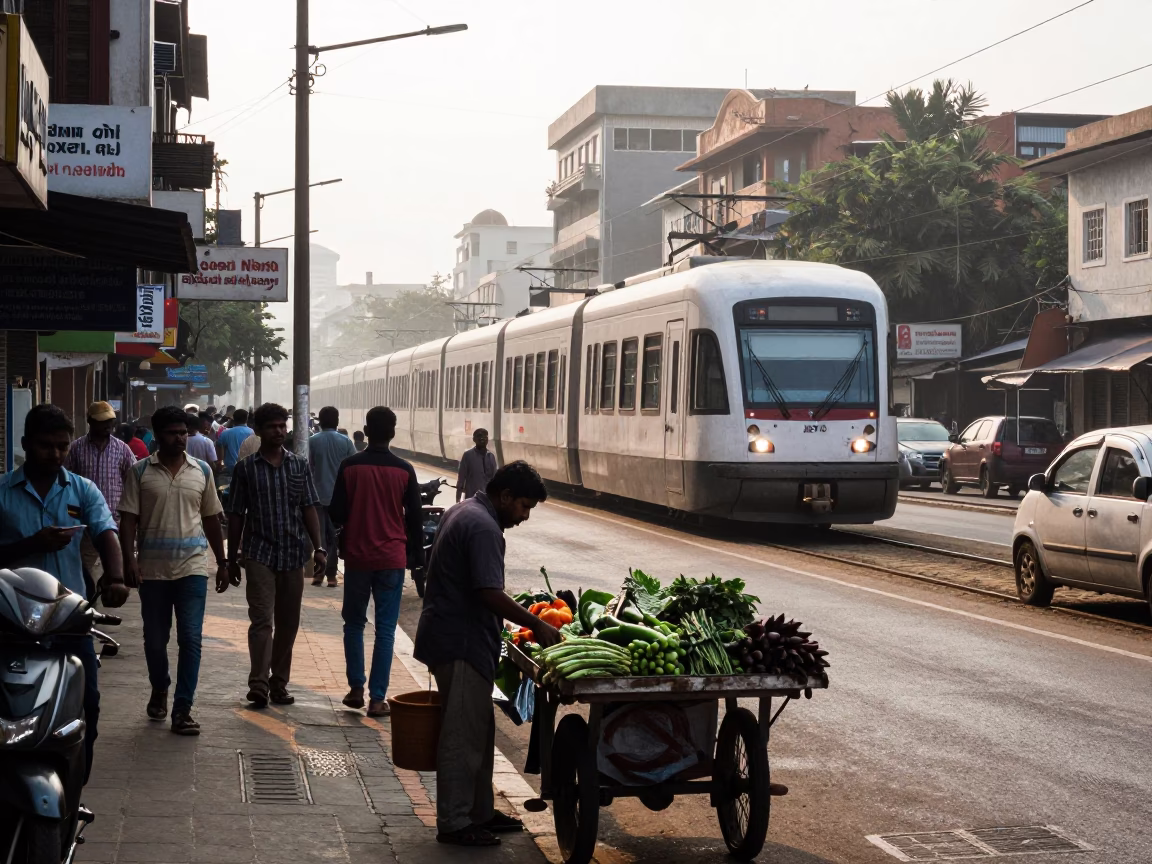 Busy Chennai Street Morning with Monorail and Local Life at First Light in in Chennai, India