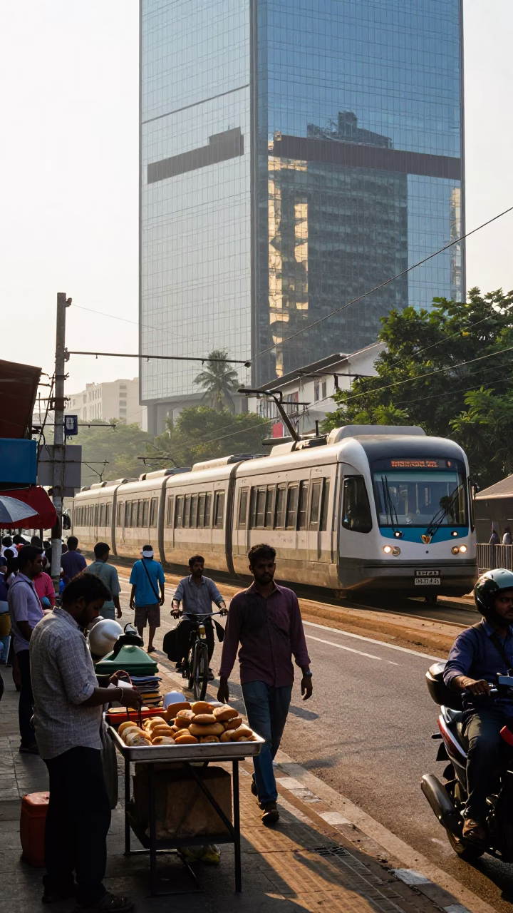 Busy Chennai Street Morning with Monorail Reflection and Vintage Phone in in Chennai, India