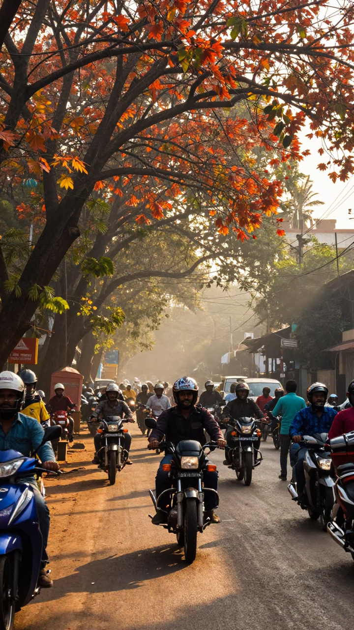 Busy Chennai Street Morning with Motorcycle and Copper Beech Tree in in Chennai, India