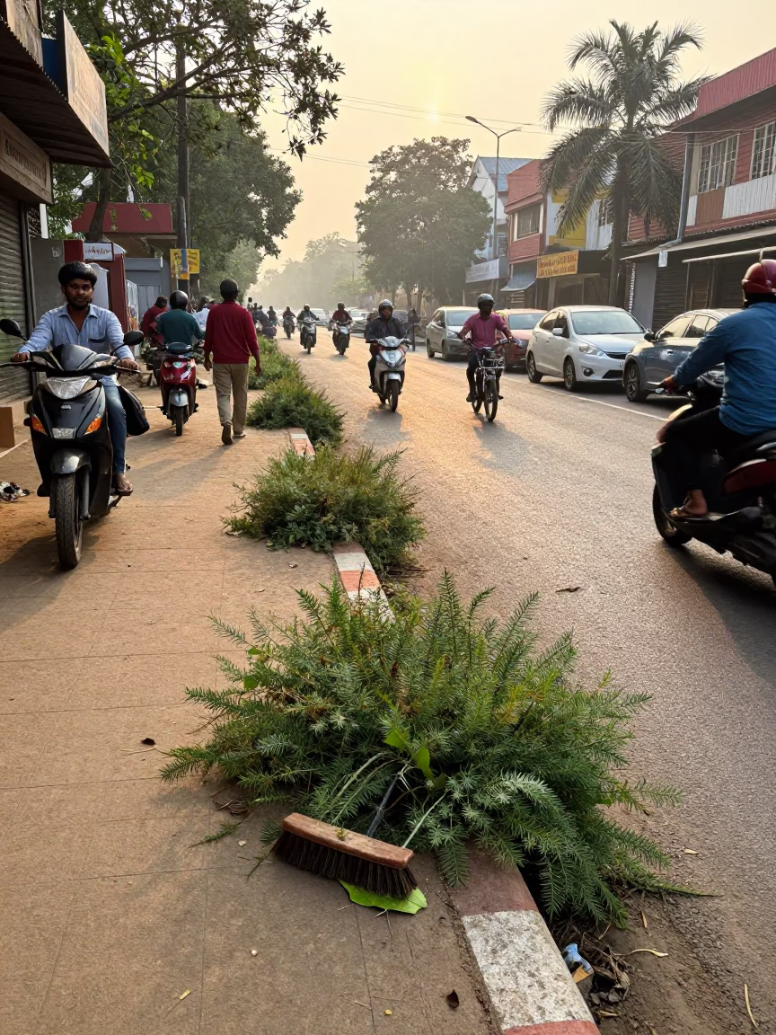 Busy Chennai Street Morning with Scrub Brush and Leaf Shadows on Lamp Base in in Chennai, India