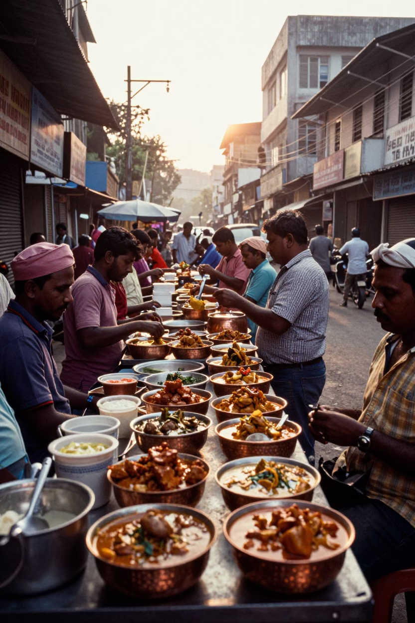 Busy Chennai Street Scene After Sunrise with Copper Bowls and Woven Mats in in Chennai, India