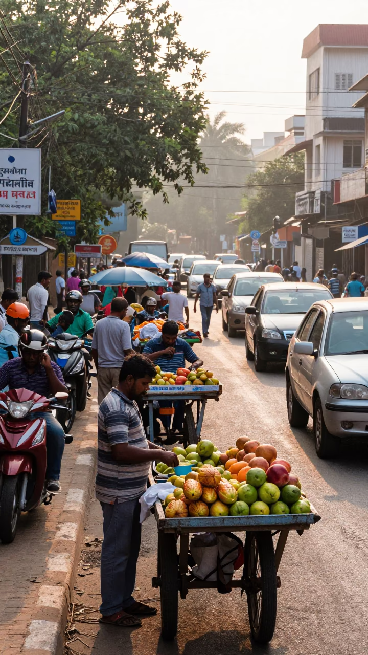 Busy Chennai Street Scene After Sunrise with Vendors and Commuters in India in in Chennai, India