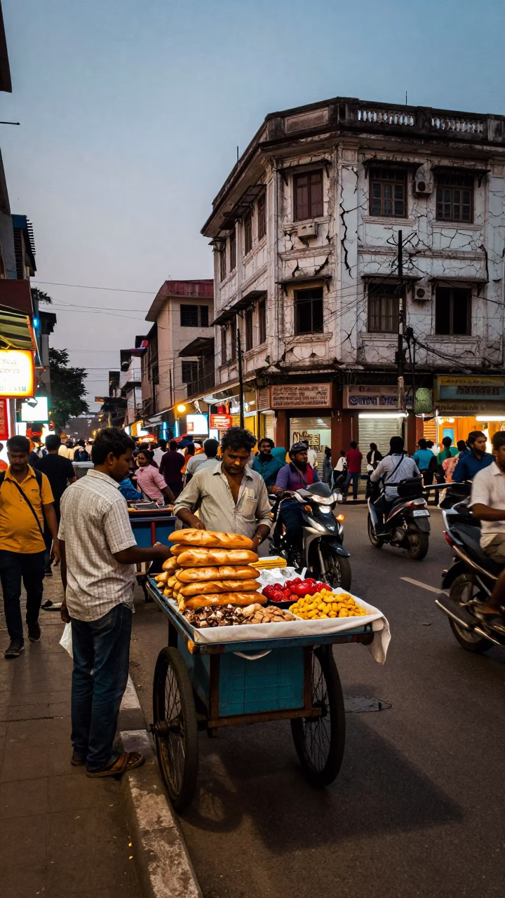 Busy Chennai Street Scene at Dusk with Cracked Painted Stucco and Baguettes in in Chennai, India