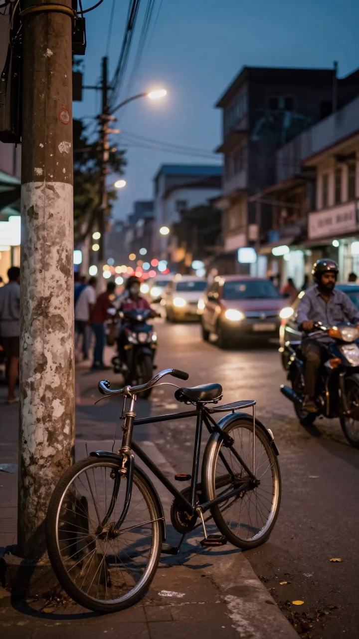 Busy Chennai Street Scene at Dusk with Vintage Bicycle and Tamarind Tree in in Chennai, India