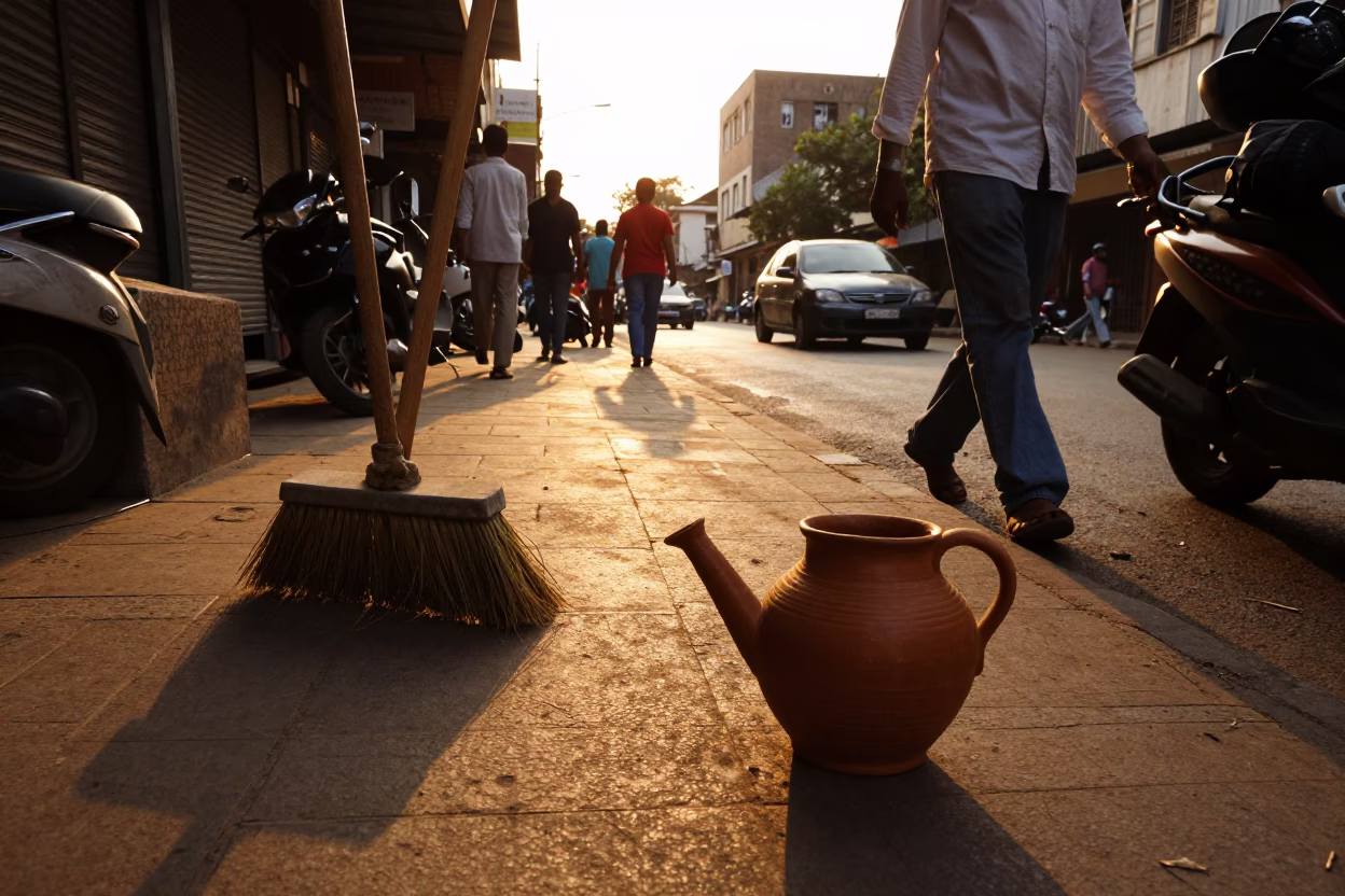 Busy Chennai Street Scene at Golden Hour with Broom and Watering Jug in in Chennai, India