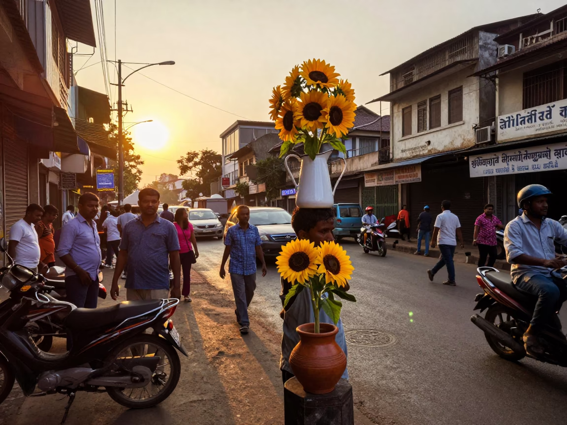 Busy Chennai Street Scene at Golden Hour with Enamel Pitcher and Sunflowers in in Chennai, India