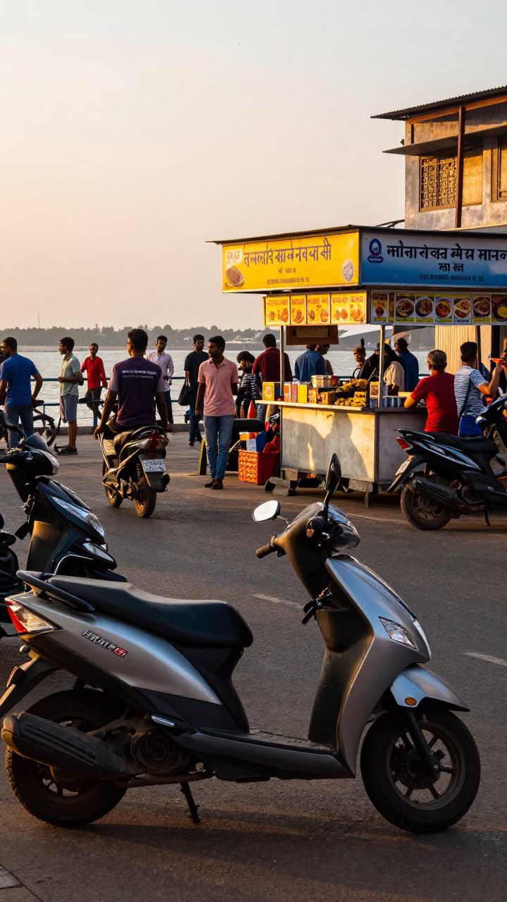 Busy Chennai Street Scene at Golden Hour with Scooter and Tea Stall in in Chennai, India
