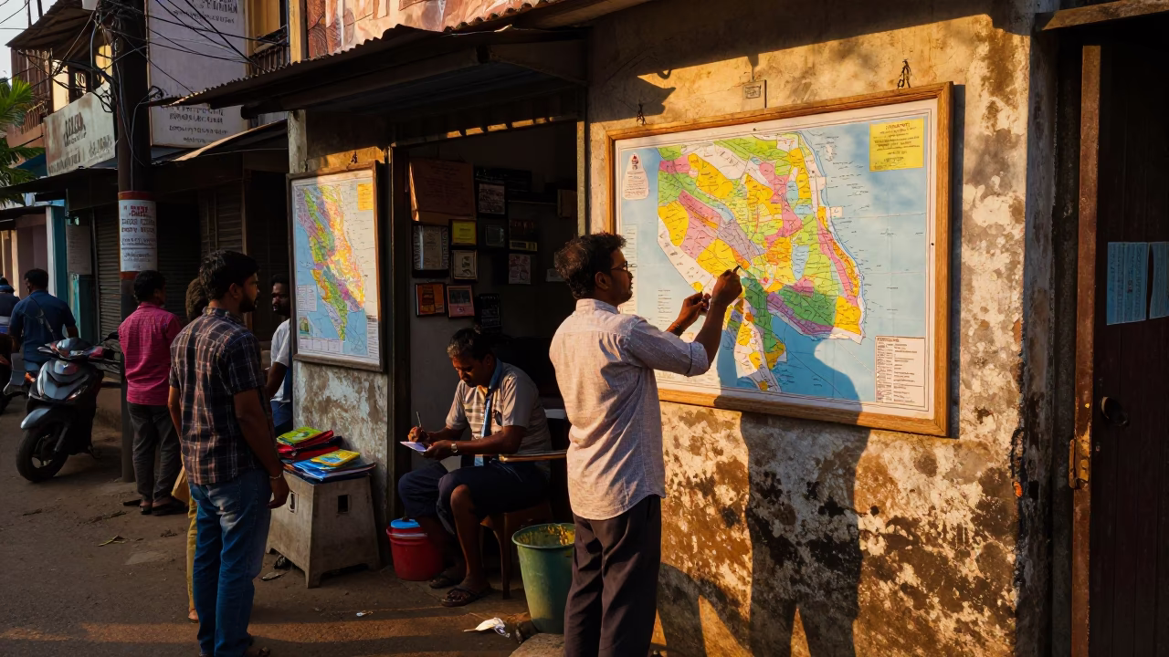 Busy Chennai Street Scene at Golden Hour with Teacher and Corkboard in in Chennai, India