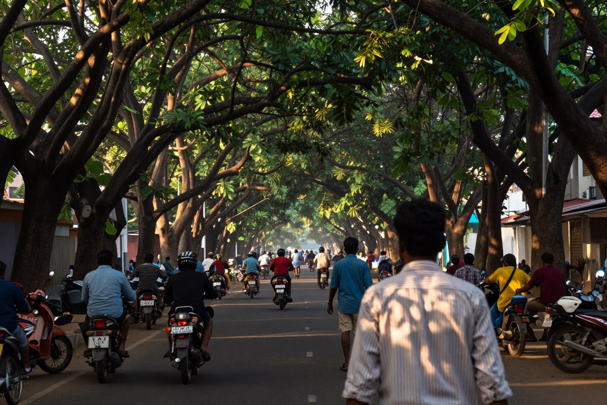 Busy Chennai Street Scene at Nautical Dawn with Leaf Shadows on Fabric in in Chennai, India