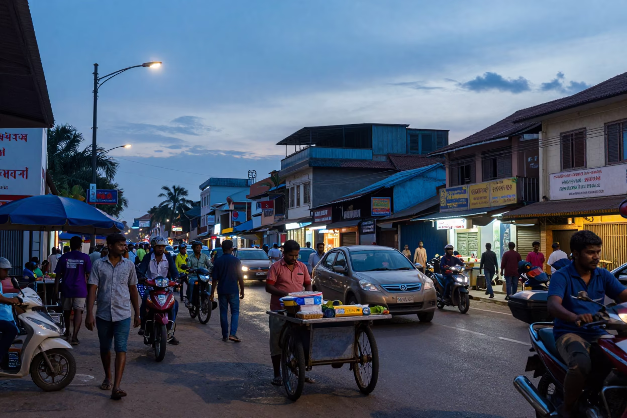 Busy Chennai Street Scene at Nautical Dawn with Local Vendors and Motorcycles in in Chennai, India