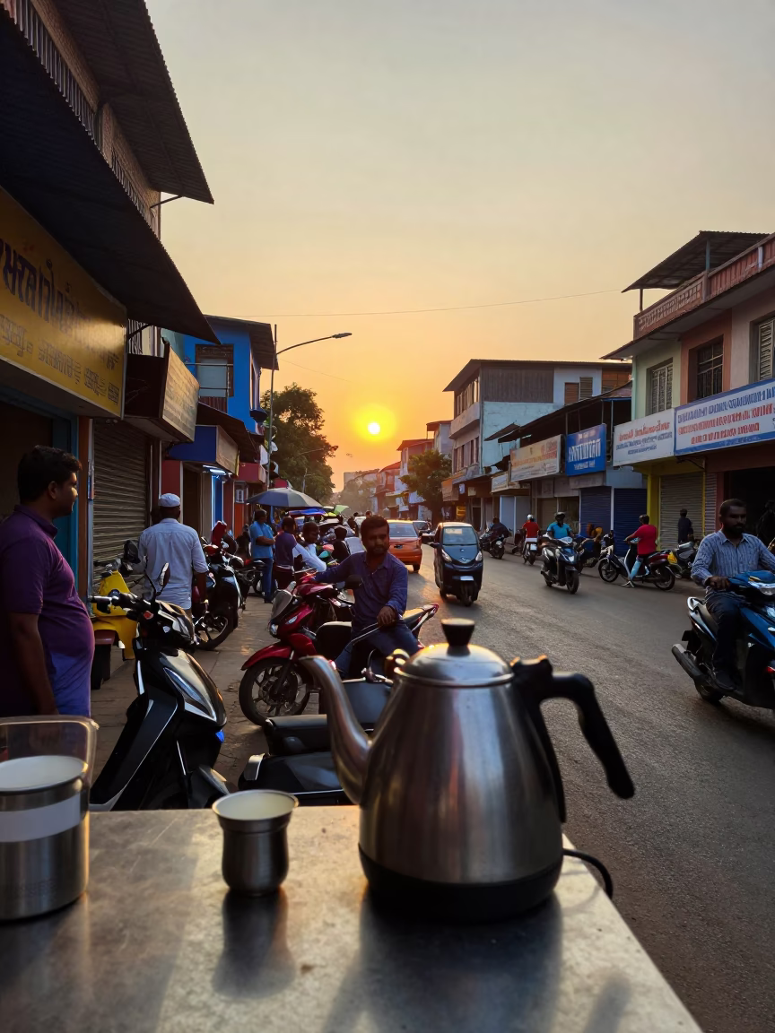 Busy Chennai Street Scene at Sunset with Colorful Shopfronts and Electric Kettle in in Chennai, India