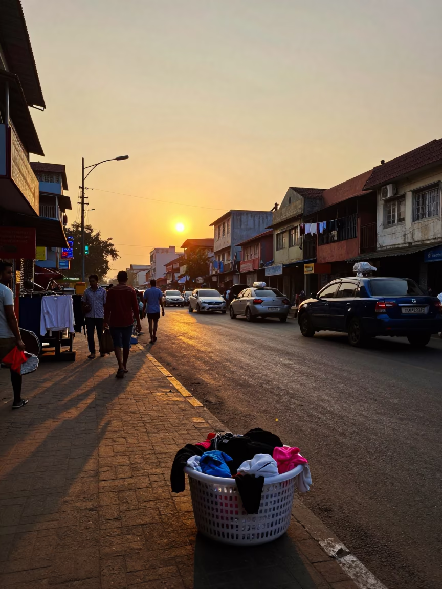 Busy Chennai Street Scene at Sunset with Laundry and Local Life in in Chennai, India