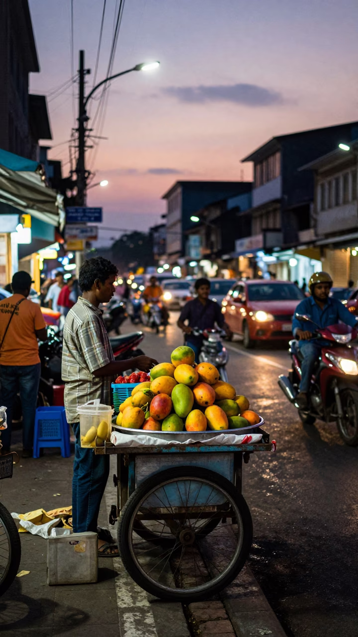 Busy Chennai Street Scene at Twilight with Fruit Bowl and Urban Activity in in Chennai, India
