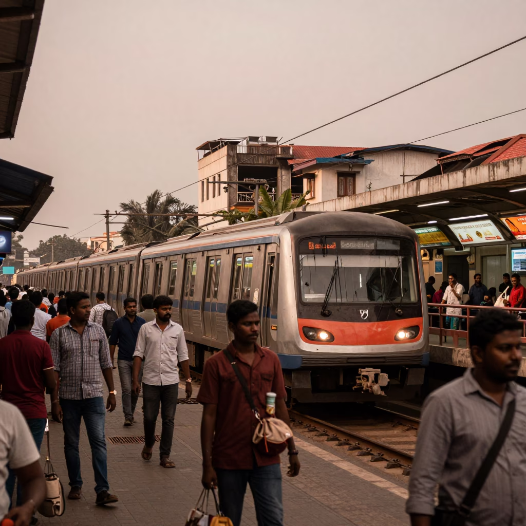 Busy Chennai Street Scene Before Dusk with Metro Train and Fig Tree in in Chennai, India