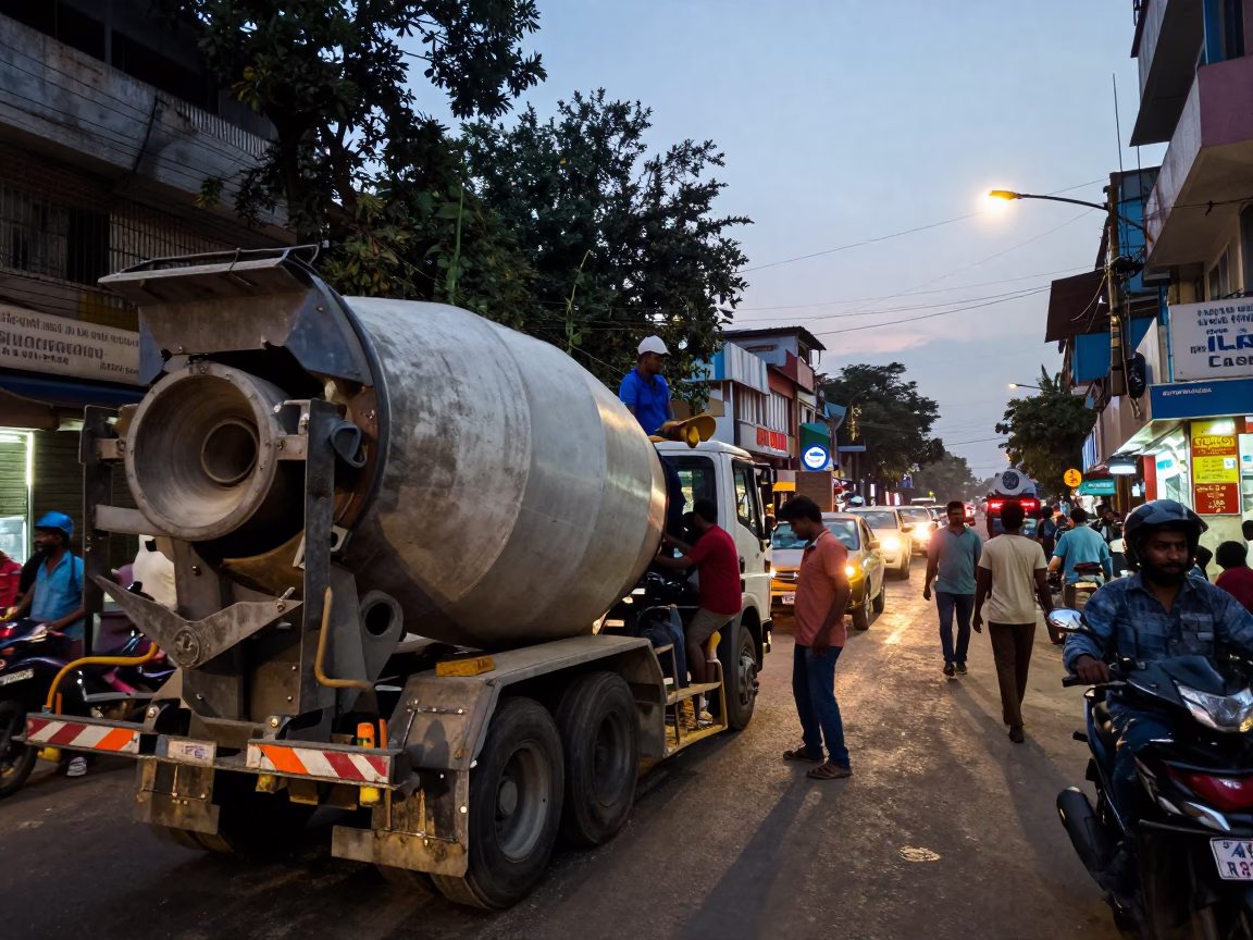 Busy Chennai Street Scene Early Evening with Construction and Traditional Elements in in Chennai, India