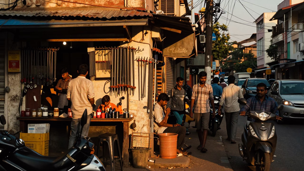 Busy Chennai Street Scene in Honeyed Evening Light with Local Shop Details in in Chennai, India