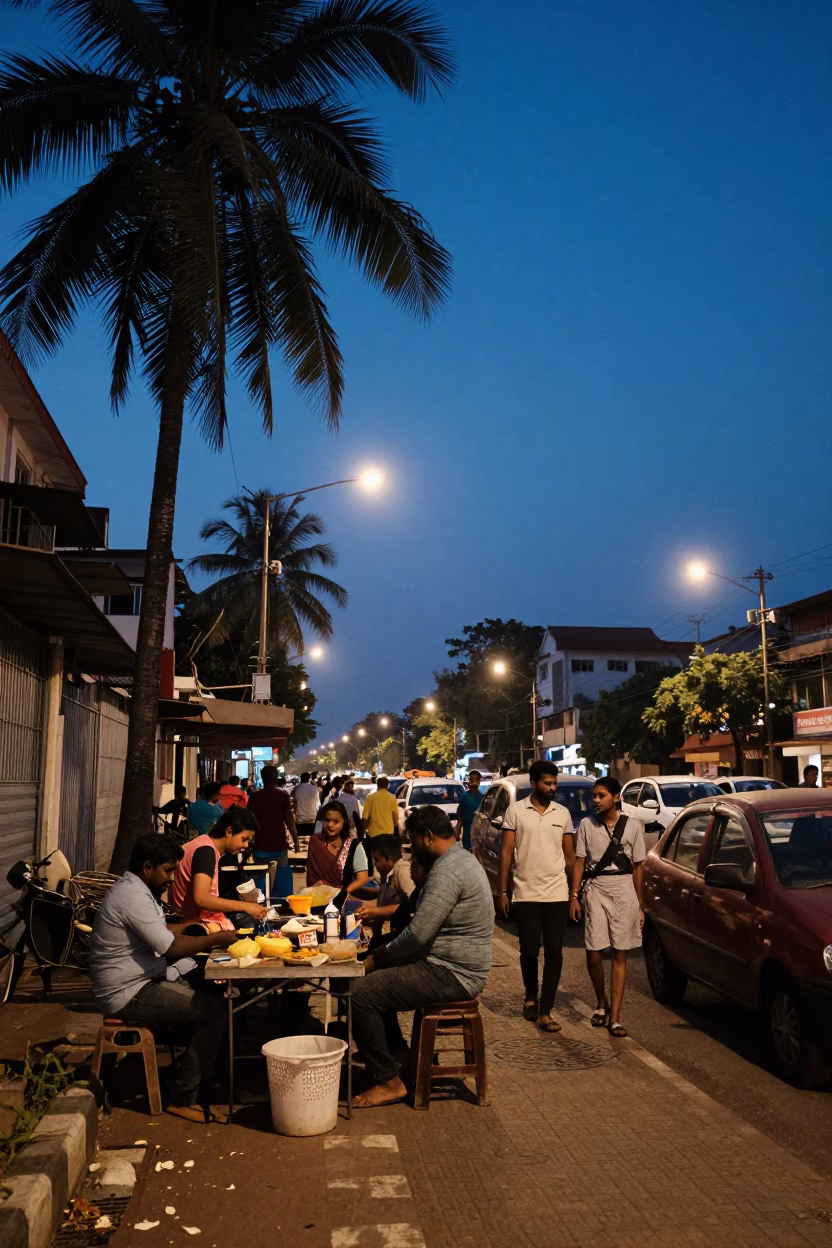 Busy Chennai Street Scene in Indigo Twilight with Palm Trees and Local Vendors in in Chennai, India