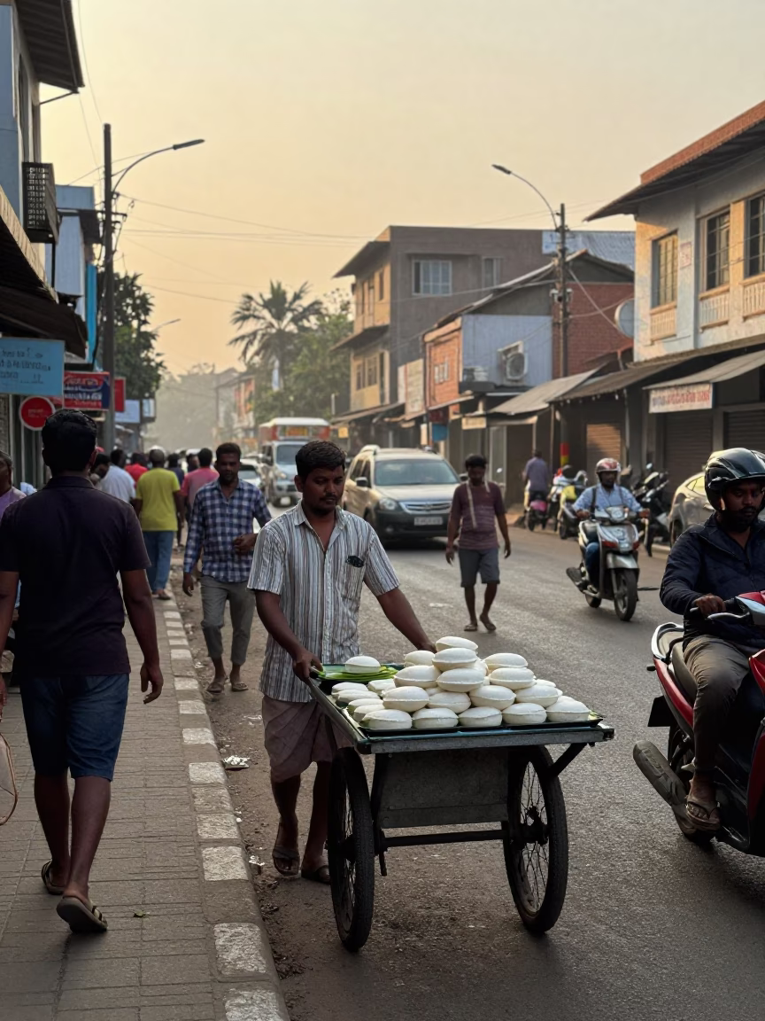 Busy Chennai Street Scene Just After Sunrise with Traditional Elements in in Chennai, India