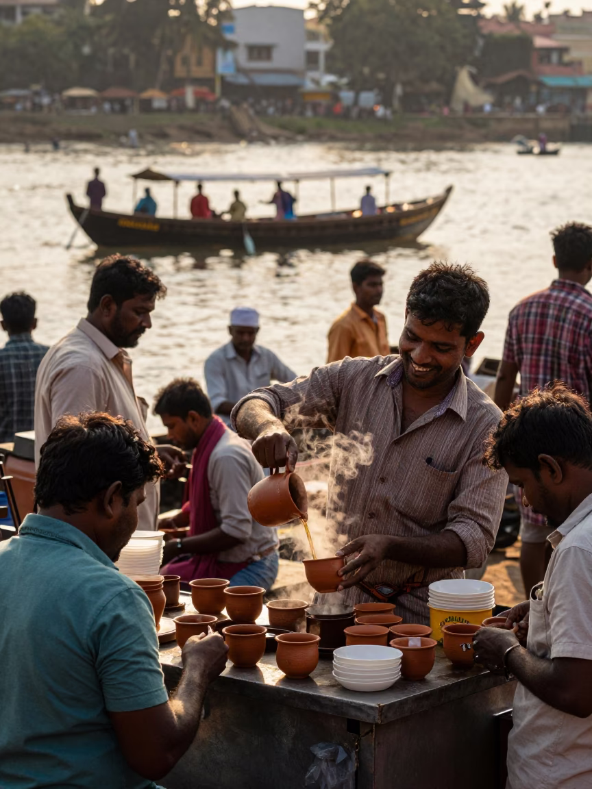 Busy Chennai Street Scene Late Afternoon with Dhow Boat and Water Rings on Chair in in Chennai, India