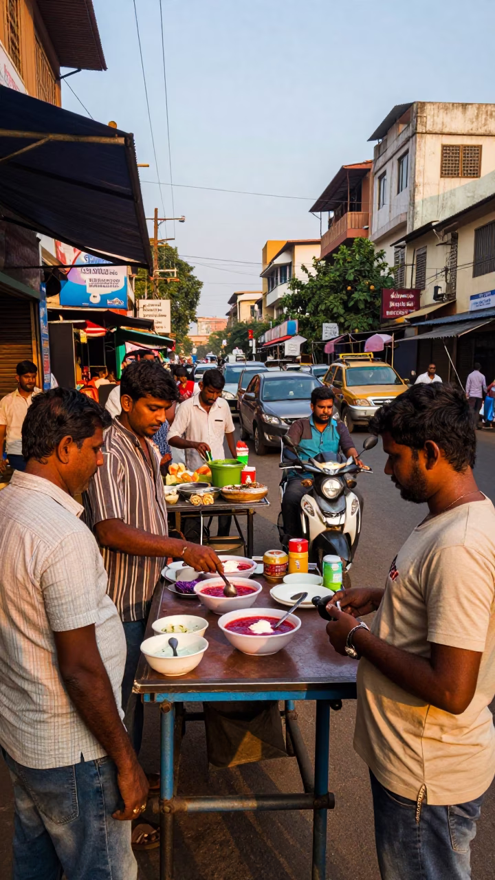 Busy Chennai Street Scene Late Afternoon with Local Vendors and Daily Life in in Chennai, India