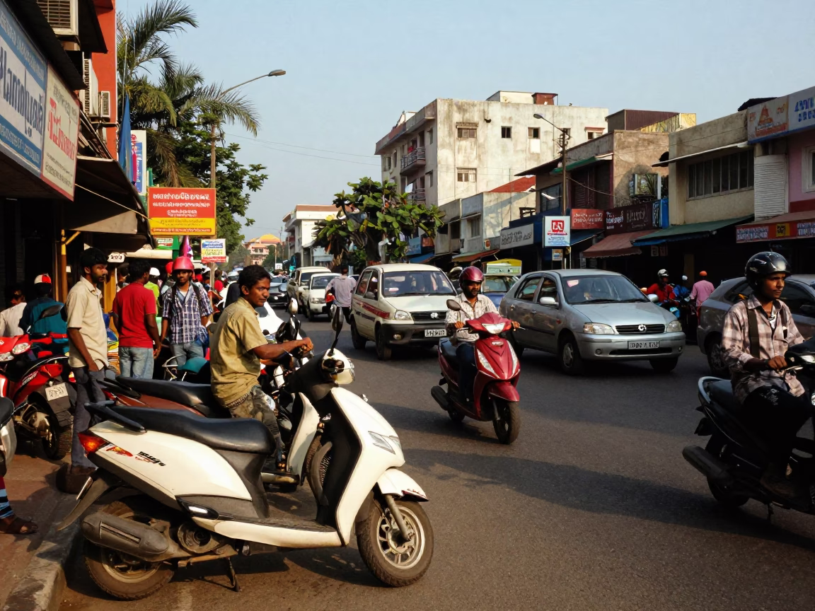 Busy Chennai Street Scene Late Afternoon with Scooter and Local Market Activity in in Chennai, India