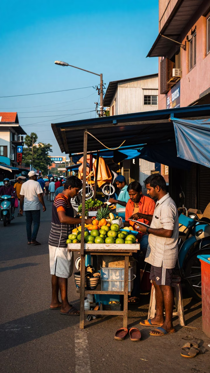 Busy Chennai Street Scene Late Morning with Traditional Slippers and Colorful Shopfronts in in Chennai, India