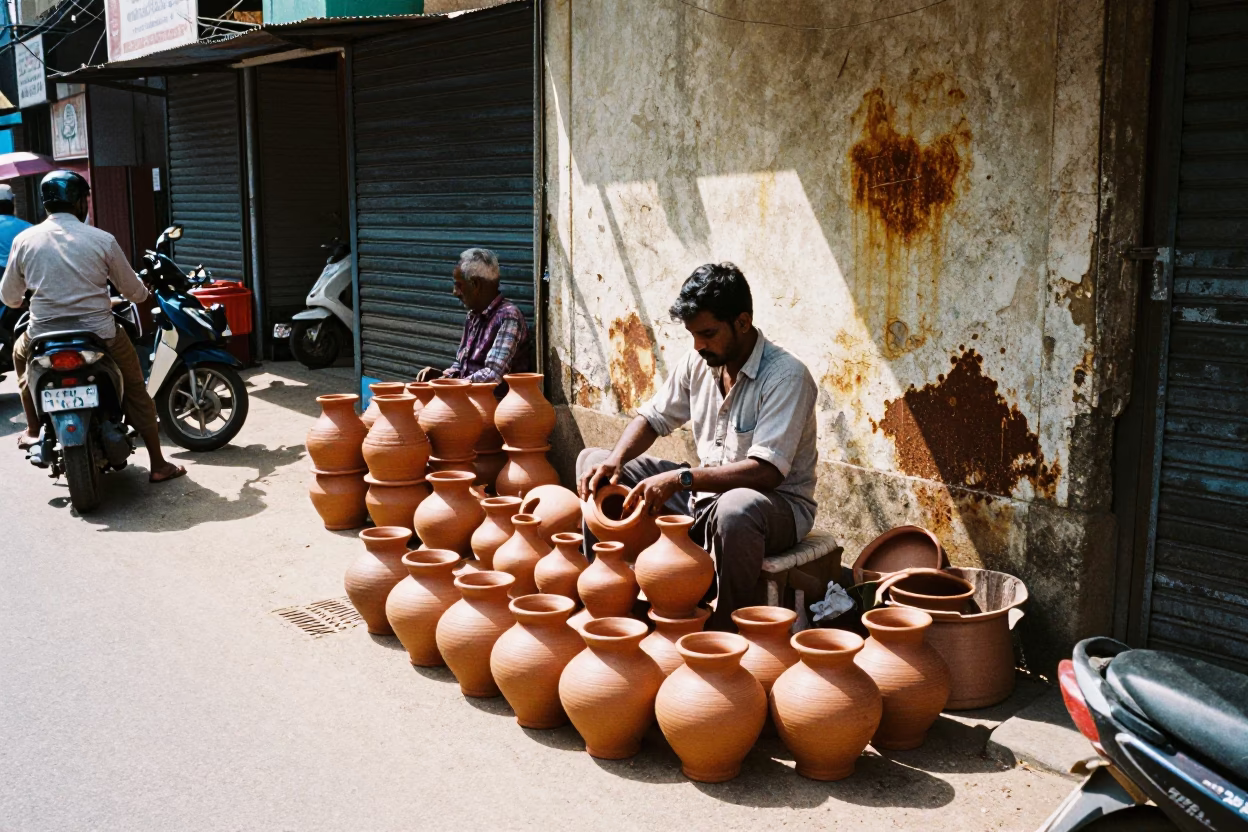 Busy Chennai Street Scene Midday with Clay Pot Vendor and Rusting Plaster Wall in in Chennai, India