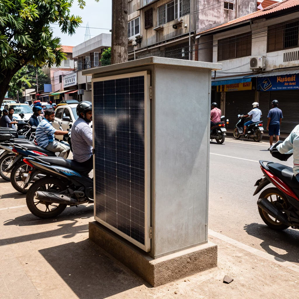 Busy Chennai Street Scene Midday with Solar Inverter Cabin and Ladder-Back Chair in in Chennai, India