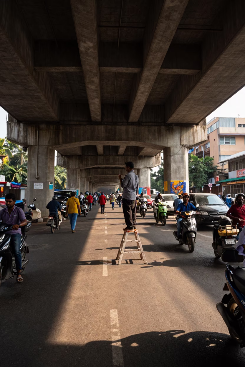 Busy Chennai Street Scene Under Flyover with Artist Painting Mural in Early Afternoon Light in in Chennai, India