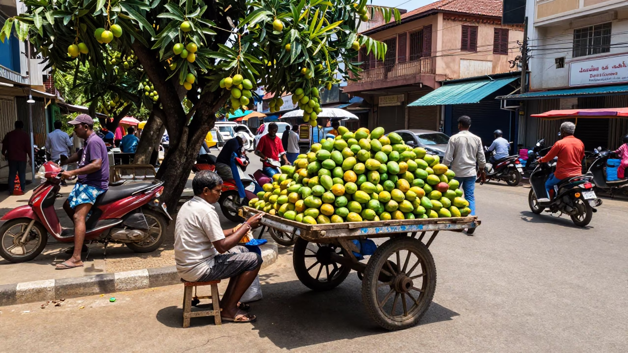 Busy Chennai Street Scene Under Noon Sun with Mangoes and Yellow Taxi in in Chennai, India