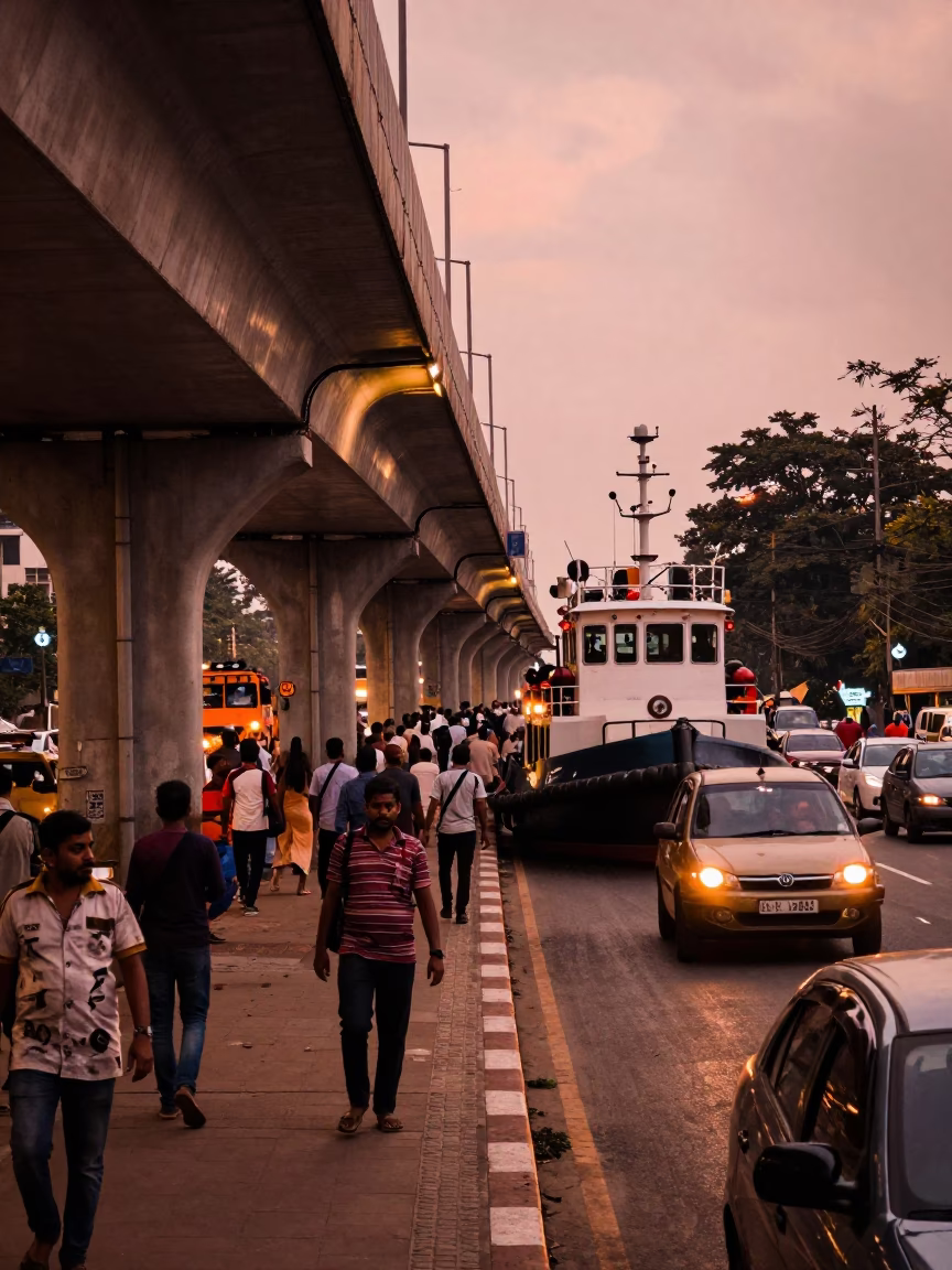 Busy Chennai Street Scene with Overpass and Tugboat in Copper Dusk Light in in Chennai, India