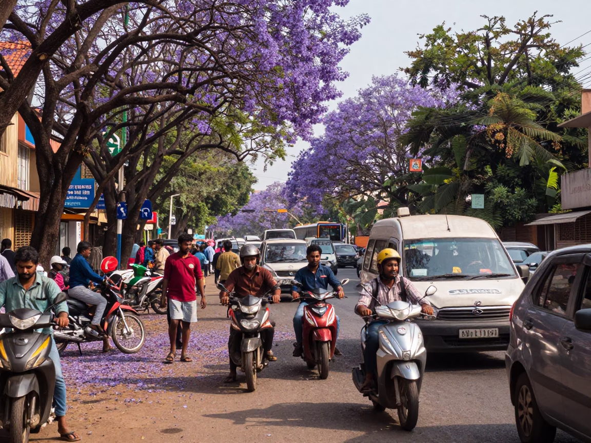 Busy Chennai Street Scene with Purple Jacaranda Tree in Early Afternoon Light in in Chennai, India