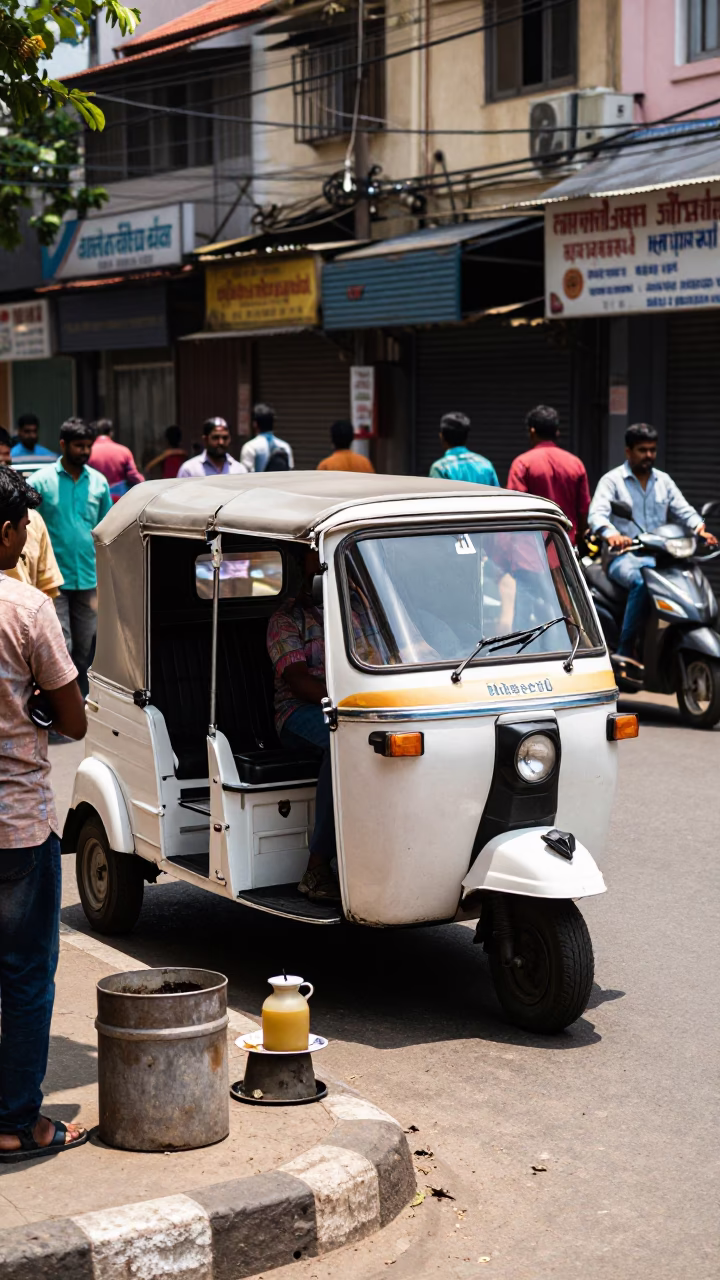 Busy Chennai Street Scene with White Auto Rickshaw and Pedestrians in Bright Midmorning Light in in Chennai, India