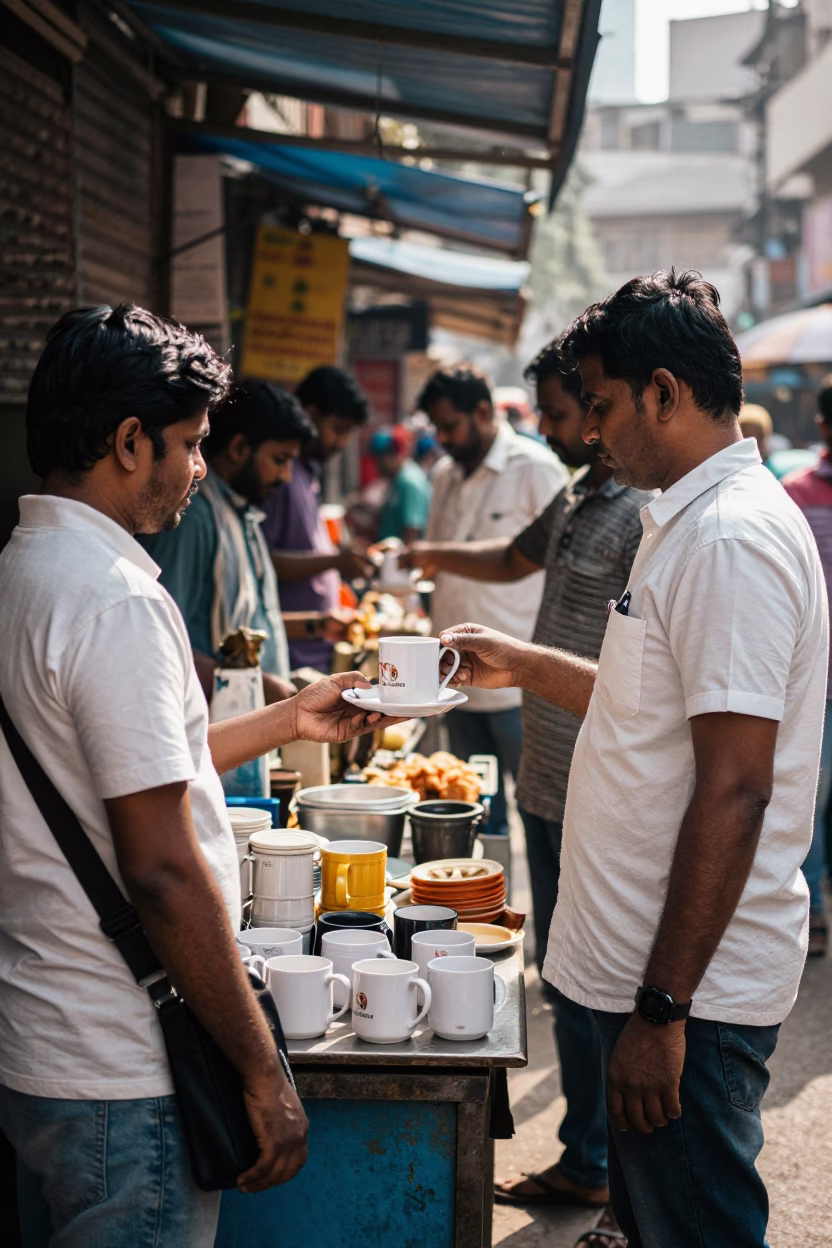 Busy Chennai Street Stall Winter Noon Ceramic Mugs and Local Life in in Chennai, India