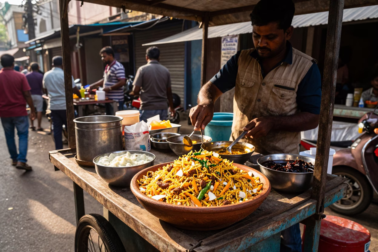 Busy Chennai Street Stall with Chaat and Tamarind Chutney in Early Afternoon in in Chennai, India