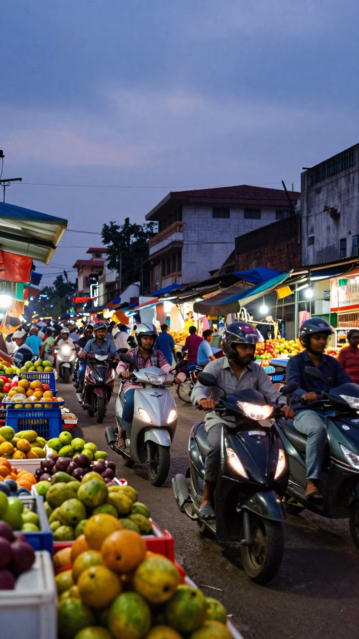 Busy Chennai Street Twilight Scene with Scooter and Local Market Activity in in Chennai, India