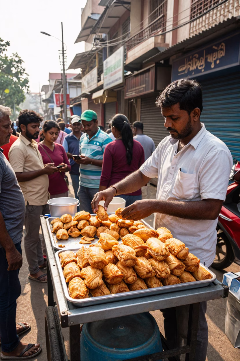 Busy Chennai Street Vendor Serving Crispy Palmiers in Late Morning Light in in Chennai, India