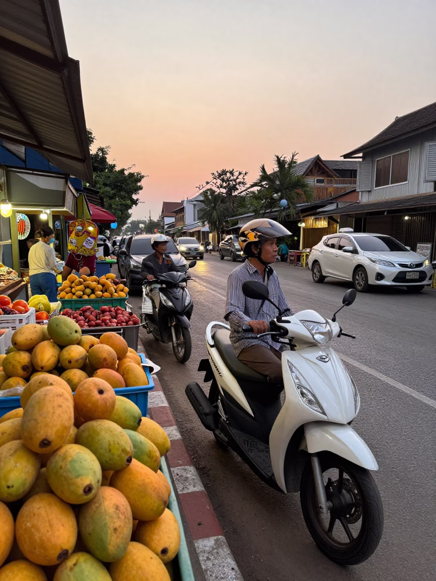 Busy Chiang Mai Dawn Street Scene with Mangoes and Scooter Near Traditional Temple Architecture in in Chiang Mai, Thailand