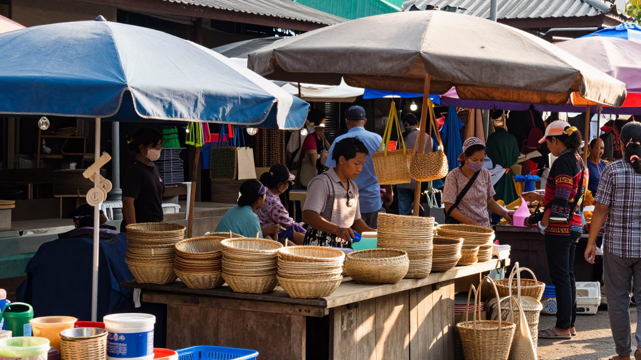 Busy Chiang Mai Market Stall Late Morning Light and Colorful Goods in in Chiang Mai, Thailand