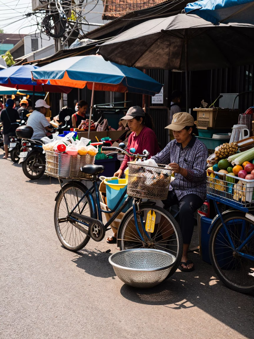 Busy Chiang Mai Market Stall with Bicycle Basket and Local Interaction at Midday in in Chiang Mai, Thailand