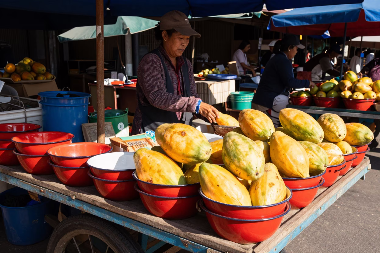 Busy Chiang Mai Market Stall with Enamel Bowls and Papayas at Midday in in Chiang Mai, Thailand